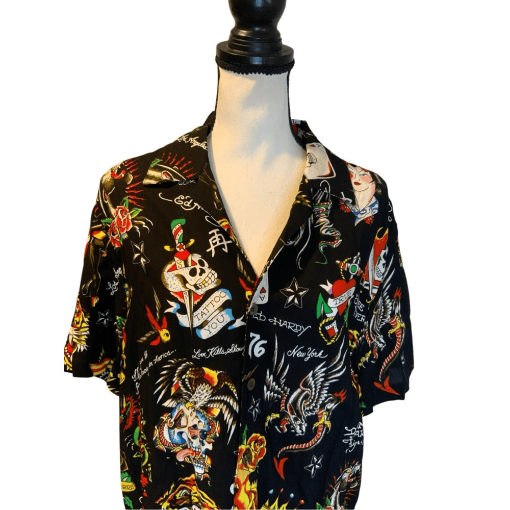 ED HARDY Button Up Shirt Tattoo Sz Small Skull Lion Tiger - Picture 6 of 9